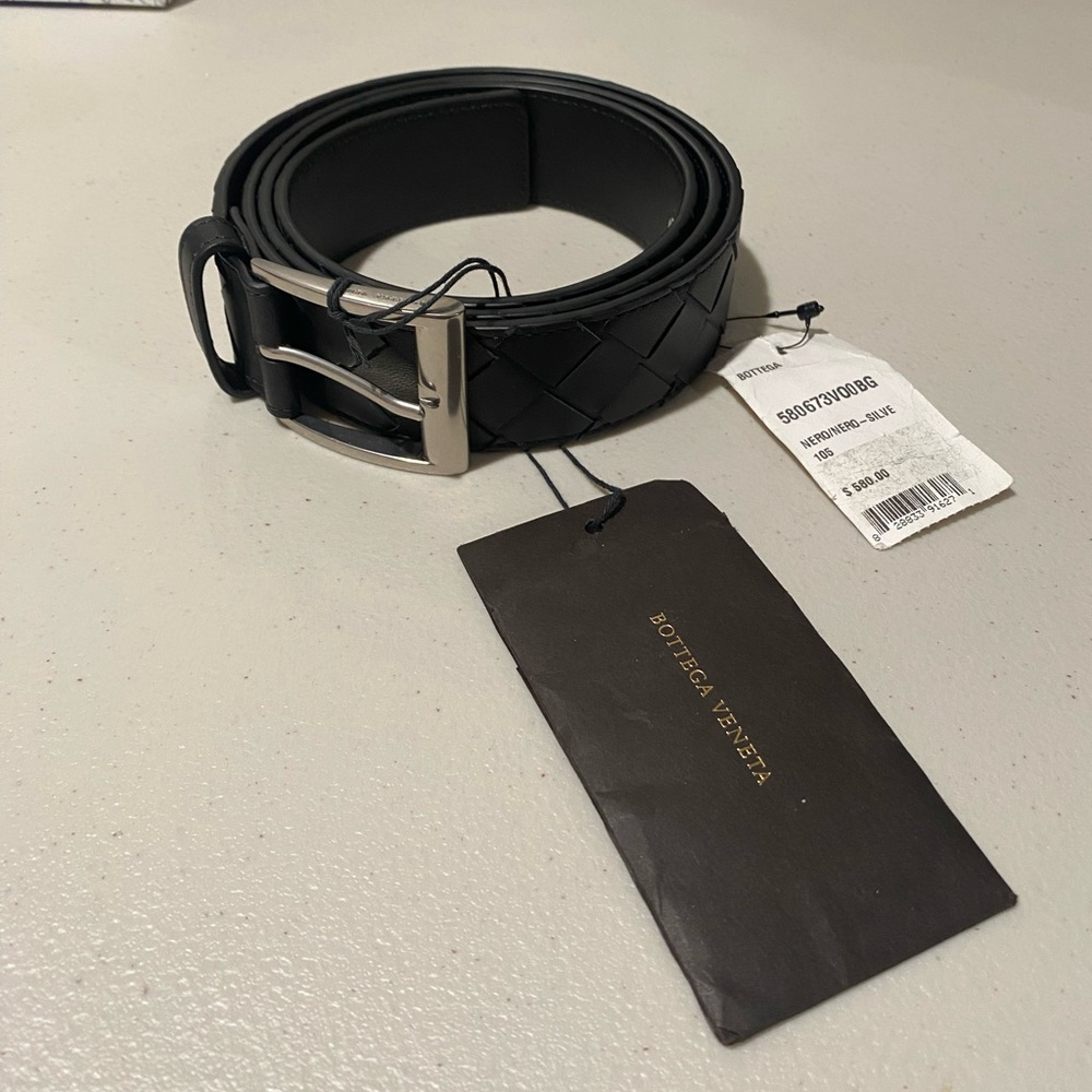 Bottega Veneta men’s luxury intrecciato black single side silver buckle belt
